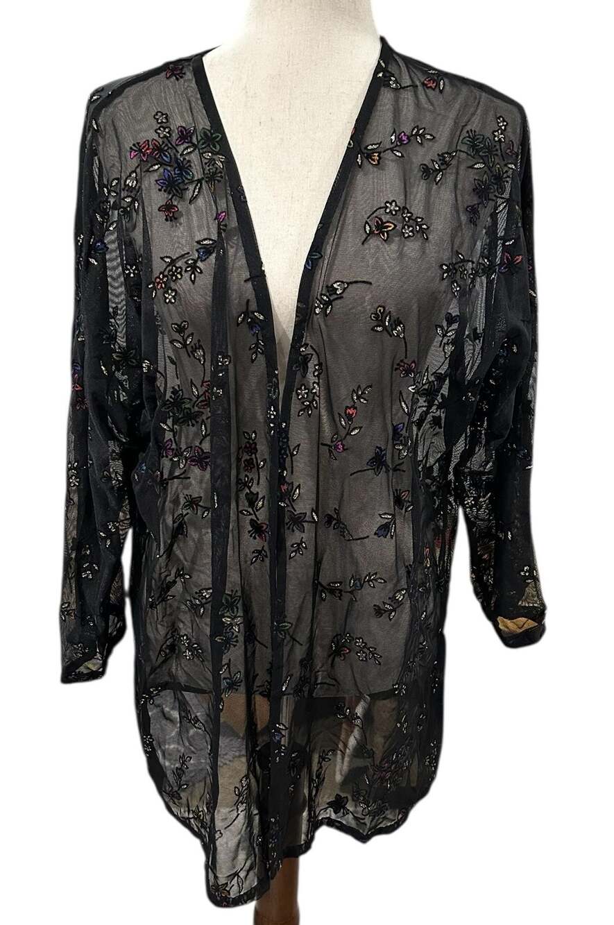 Unbranded Sheer Net Black Jacket with Glitter Floral Detail 3/4 Sleeve No Size